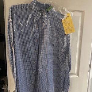 Chaps Blue and White Checkered Casual Button Down Shirt